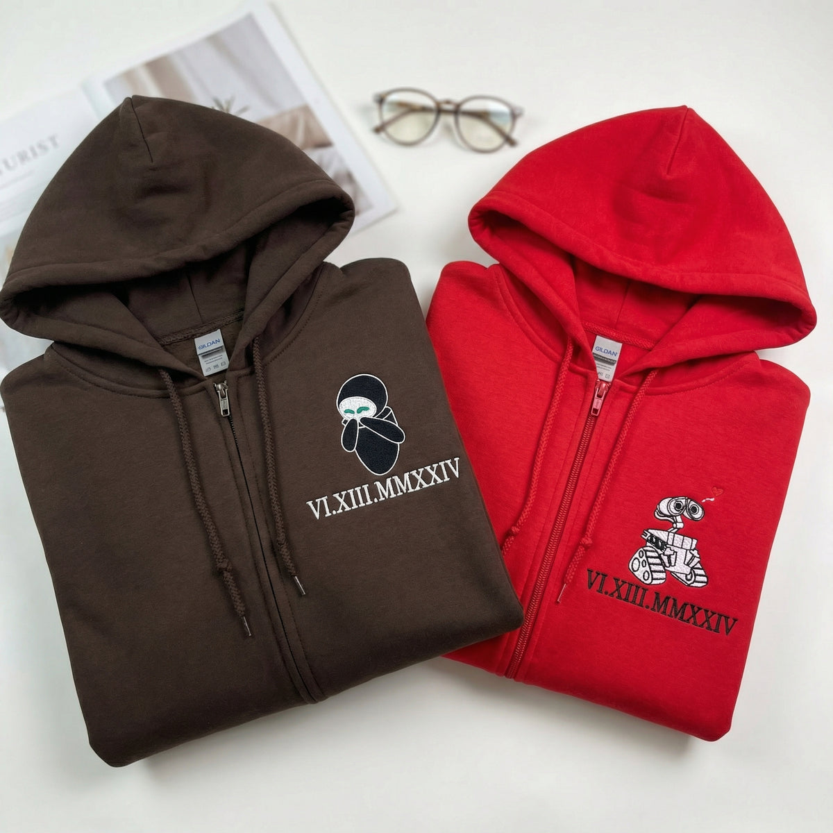 Custom Embroidered Roman Numeral Quarter Zip Sweatshirts for Couples - Personalized Robot Love Matching Full-Zip Hoodie