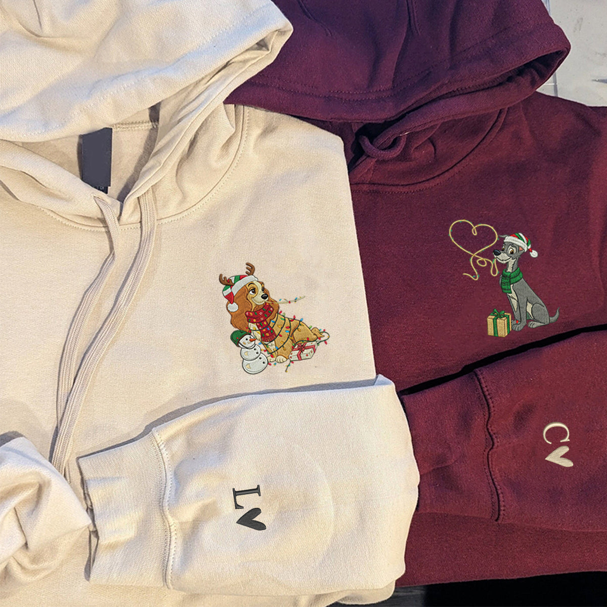 Custom Embroidered Romantic Cartoon Dog Couple Christmas Lights Sweatshirt, Cozy Holiday Hoodie Matching for Couples