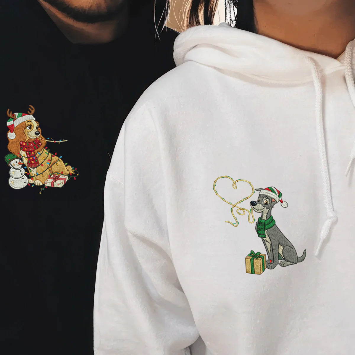 Custom Embroidered Romantic Cartoon Dog Couple Christmas Lights Sweatshirt, Cozy Holiday Hoodie Matching for Couples