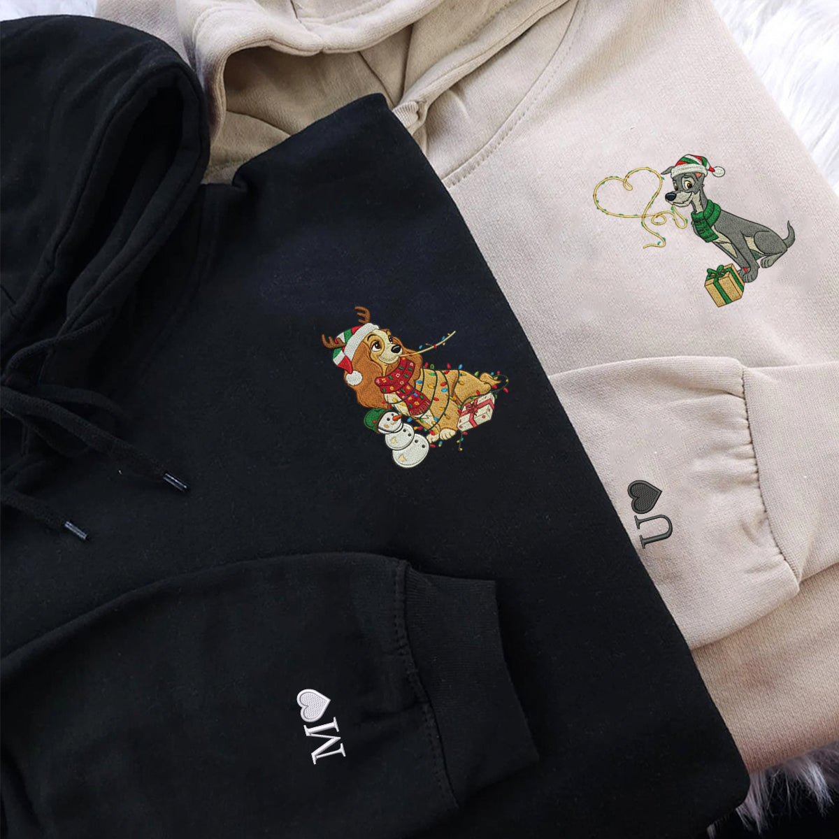 Custom Embroidered Romantic Cartoon Dog Couple Christmas Lights Sweatshirt, Cozy Holiday Hoodie Matching for Couples