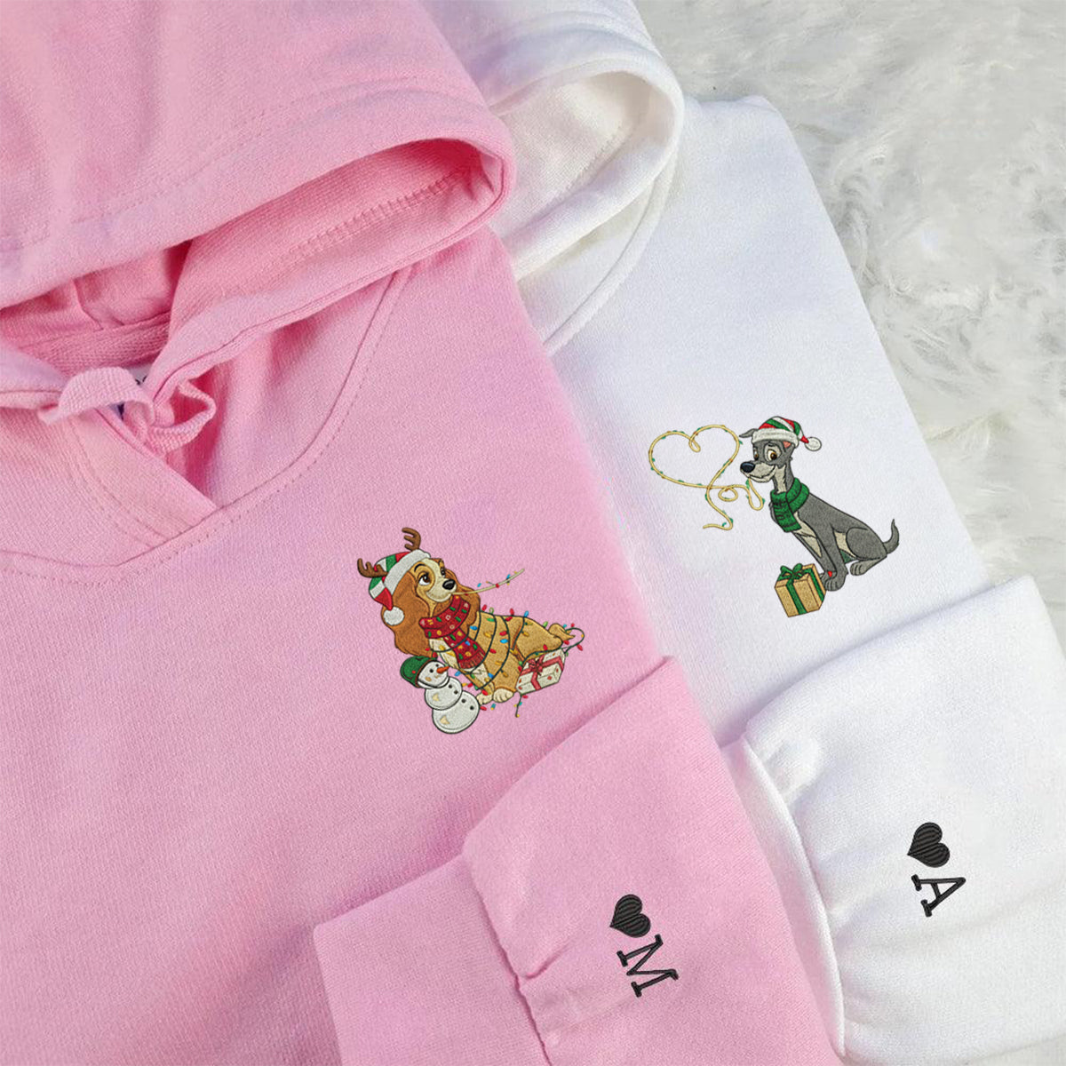 Custom Embroidered Romantic Cartoon Dog Couple Christmas Lights Sweatshirt, Cozy Holiday Hoodie Matching for Couples