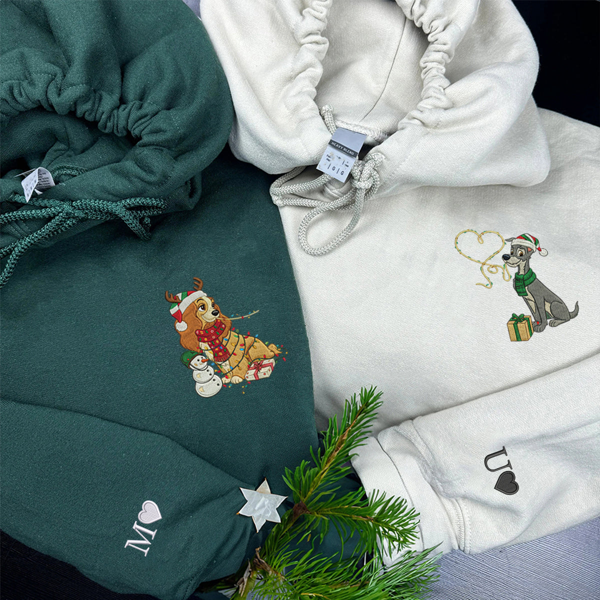 Custom Embroidered Romantic Cartoon Dog Couple Christmas Lights Sweatshirt, Cozy Holiday Hoodie Matching for Couples