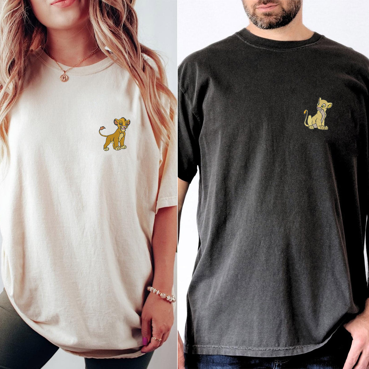 Custom Embroidered Simba Lion Cartoon Matching T-shirts for Couples