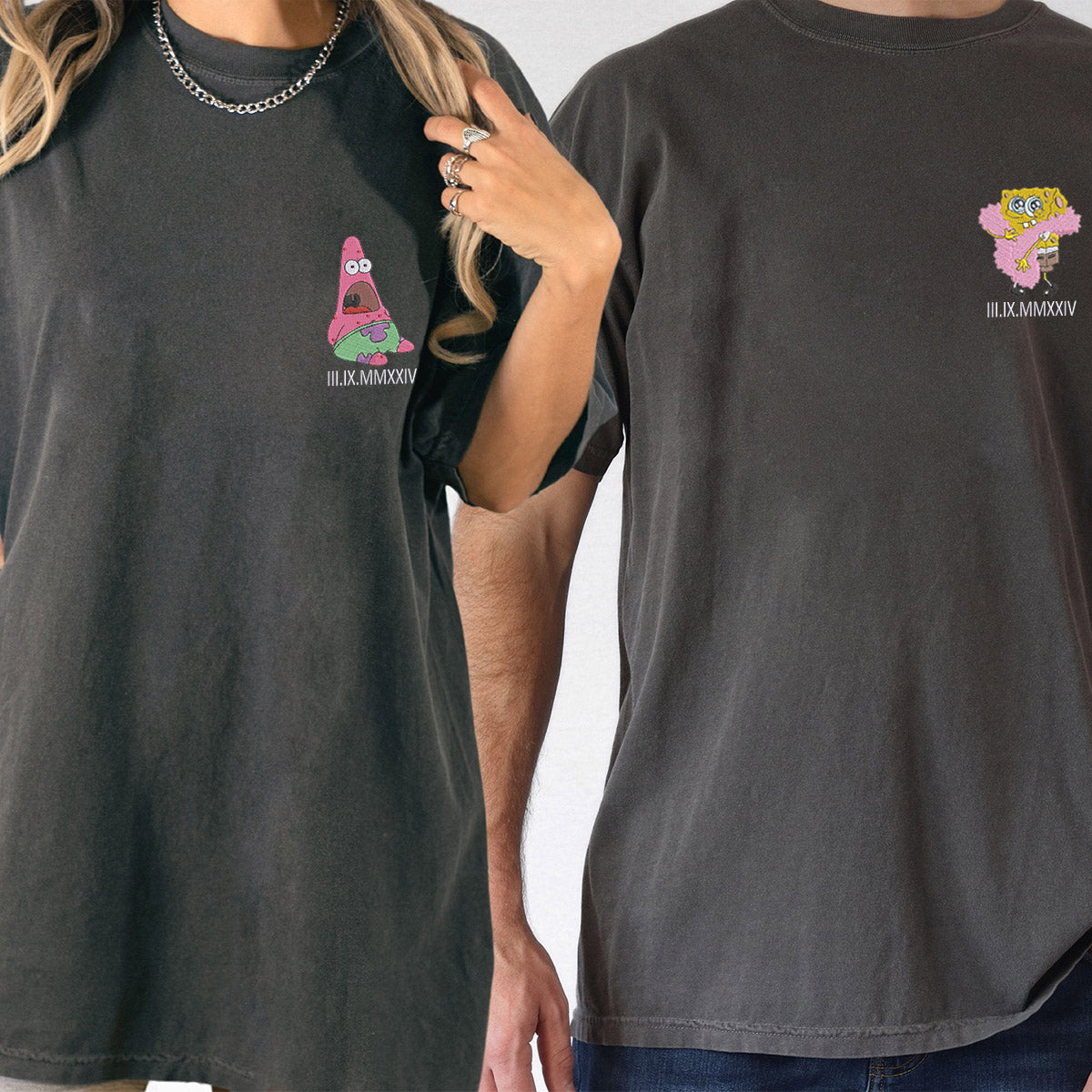 Custom Embroidered Sponge Cartoon Characters Roman Numeral Matching T-shirts for Couples