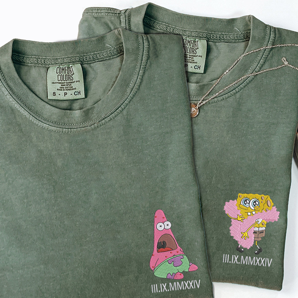 Custom Embroidered Sponge Cartoon Characters Roman Numeral Matching T-shirts for Couples