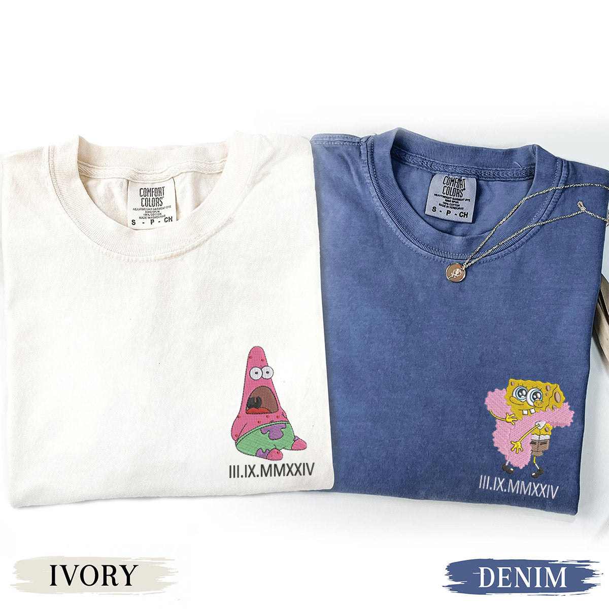 Custom Embroidered Sponge Cartoon Characters Roman Numeral Matching T-shirts for Couples