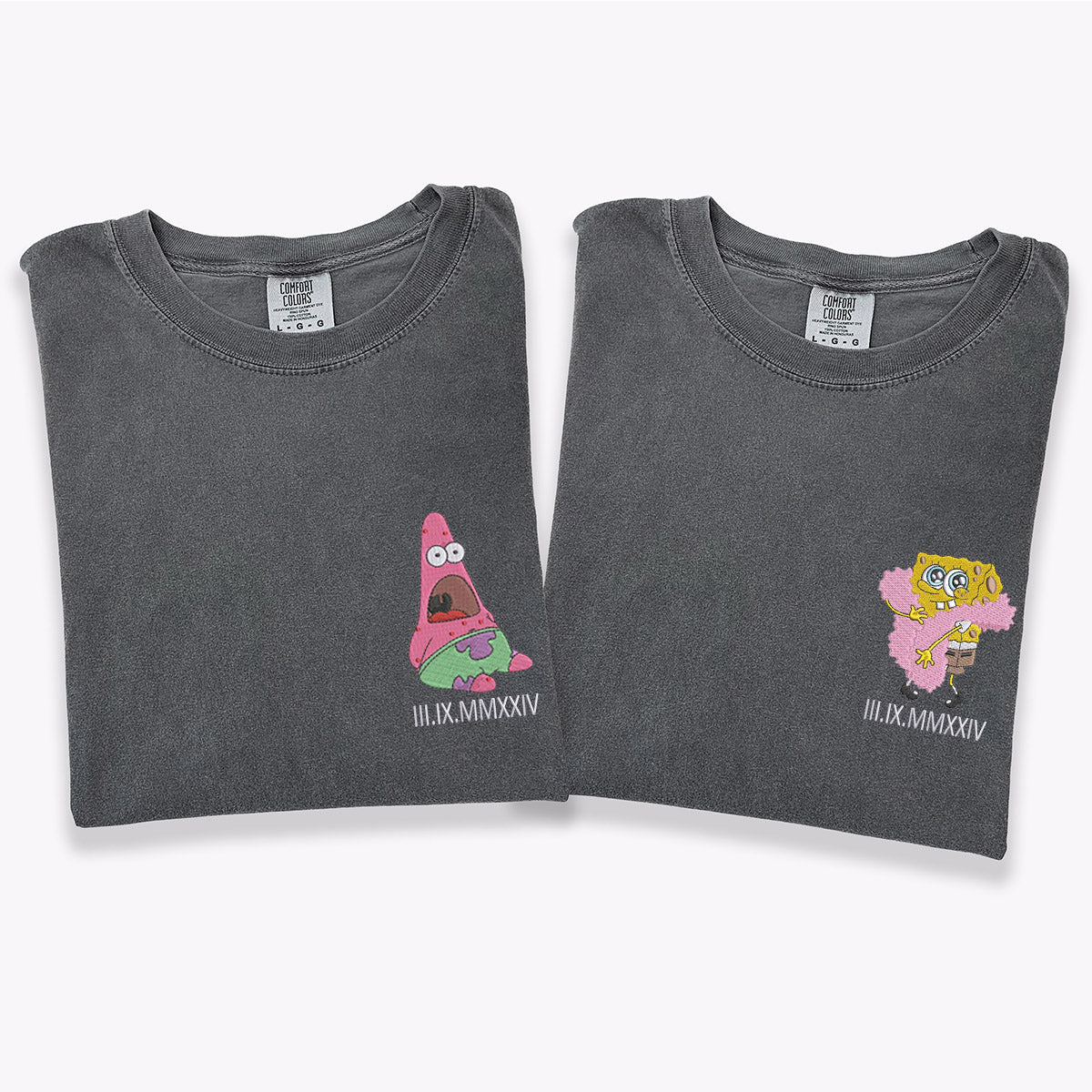 Custom Embroidered Sponge Cartoon Characters Roman Numeral Matching T-shirts for Couples