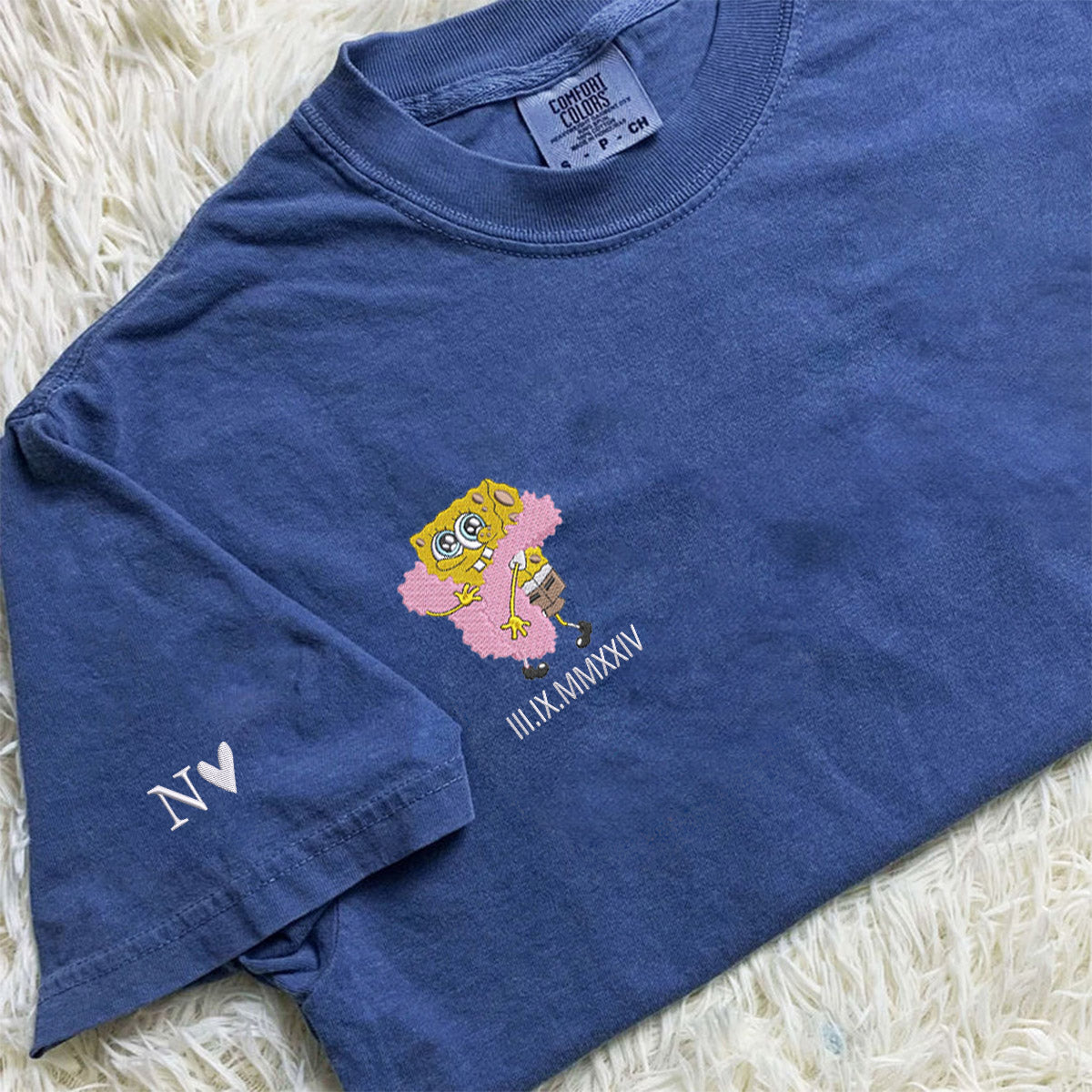 Custom Embroidered Sponge Cartoon Characters Roman Numeral Matching T-shirts for Couples