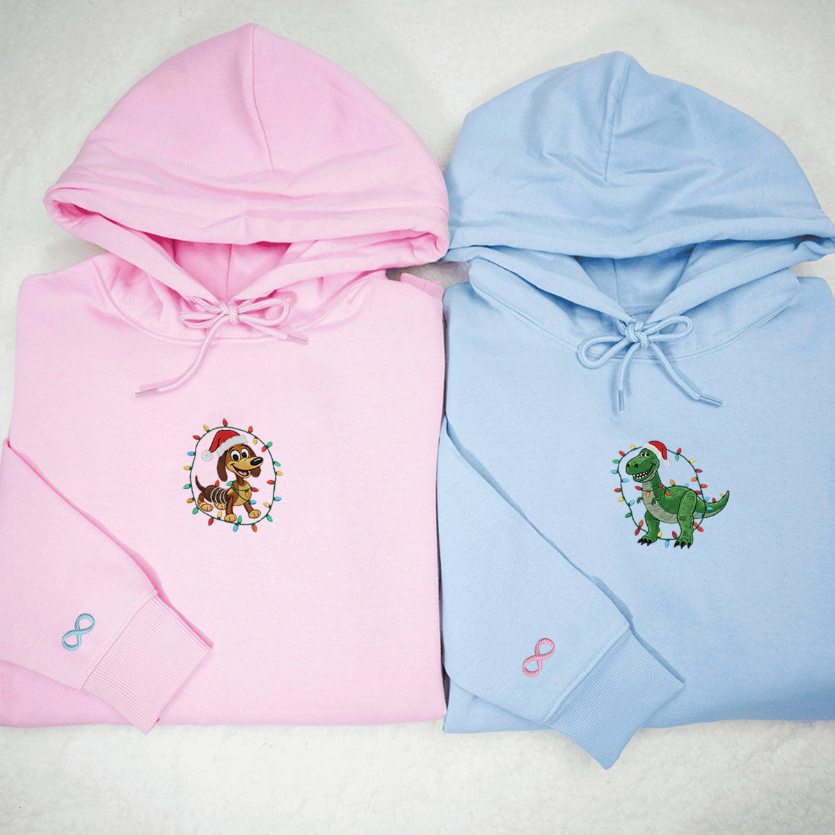 Custom Embroidered Stretchy Puppy and Green Dino Duo Christmas Hoodie, Cute Winter Season Matching for Couples