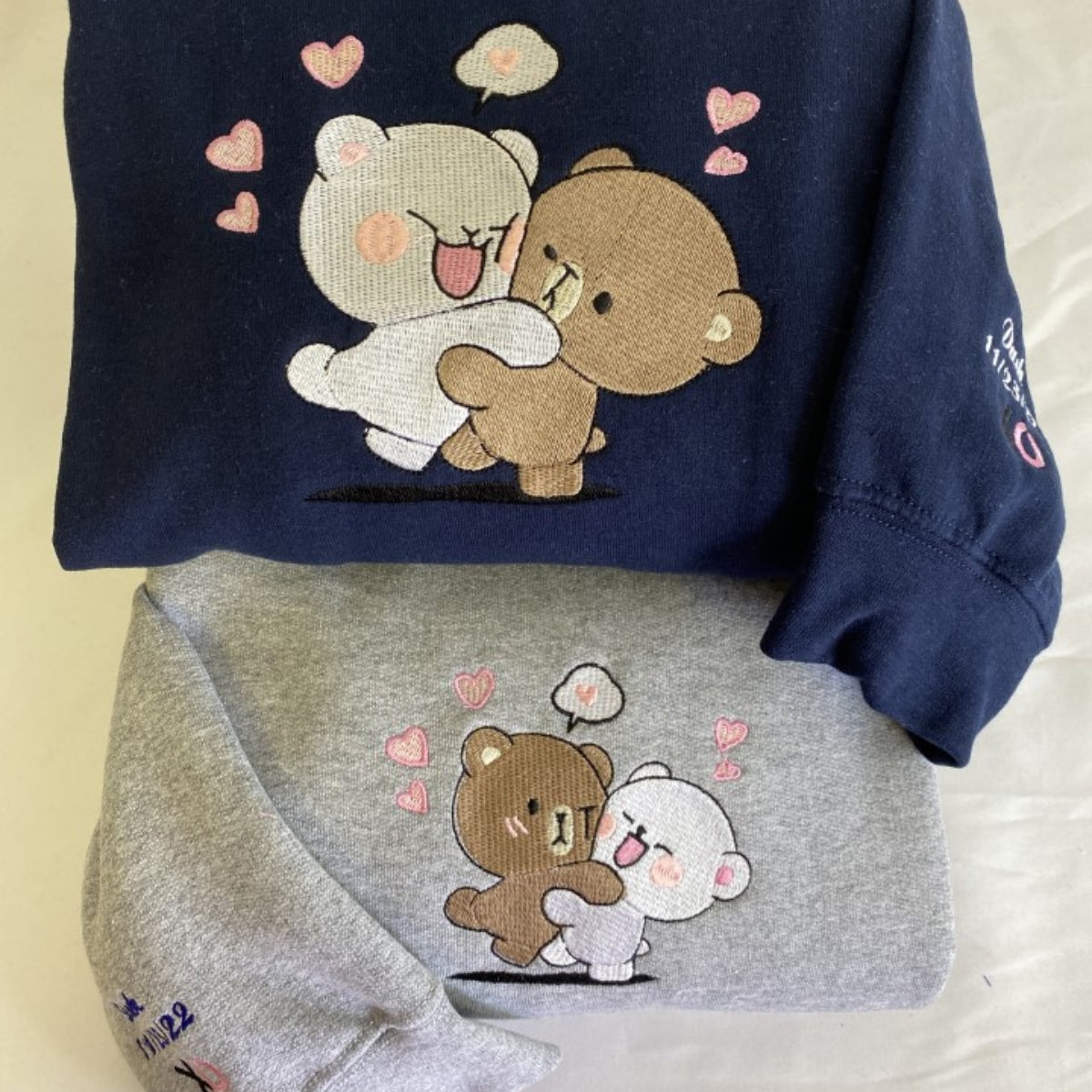 Custom Embroidered Sweatshirts For Couples, Custom Brown and Cream Bears Custom Embroidered Crewneck
