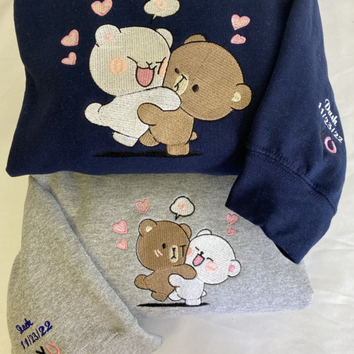 Custom Embroidered Sweatshirts For Couples, Custom Brown and Cream Bears Custom Embroidered Crewneck
