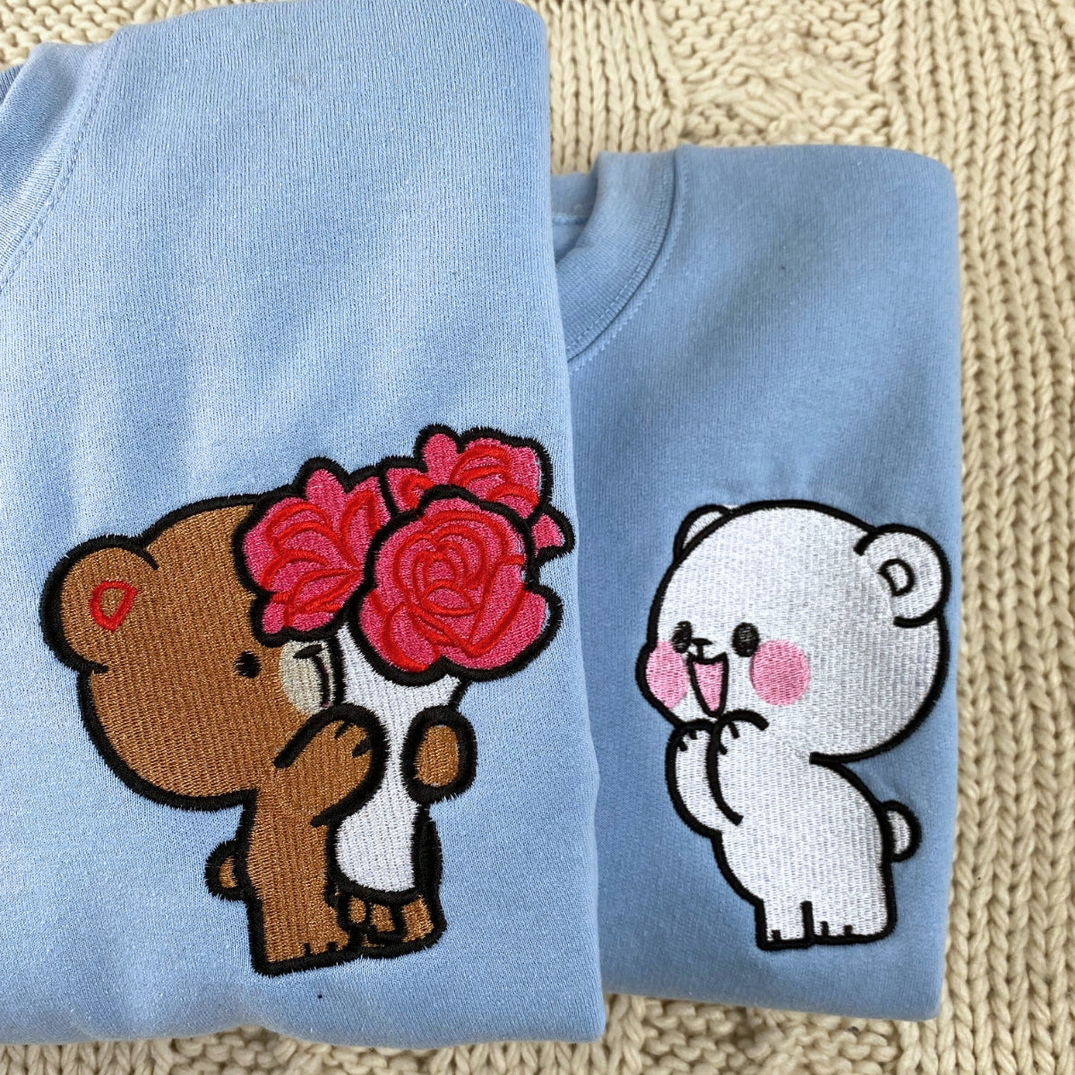 Custom Embroidered Sweatshirts For Couples, Custom Brown and Cream Bears Embroidered Sweatshirt