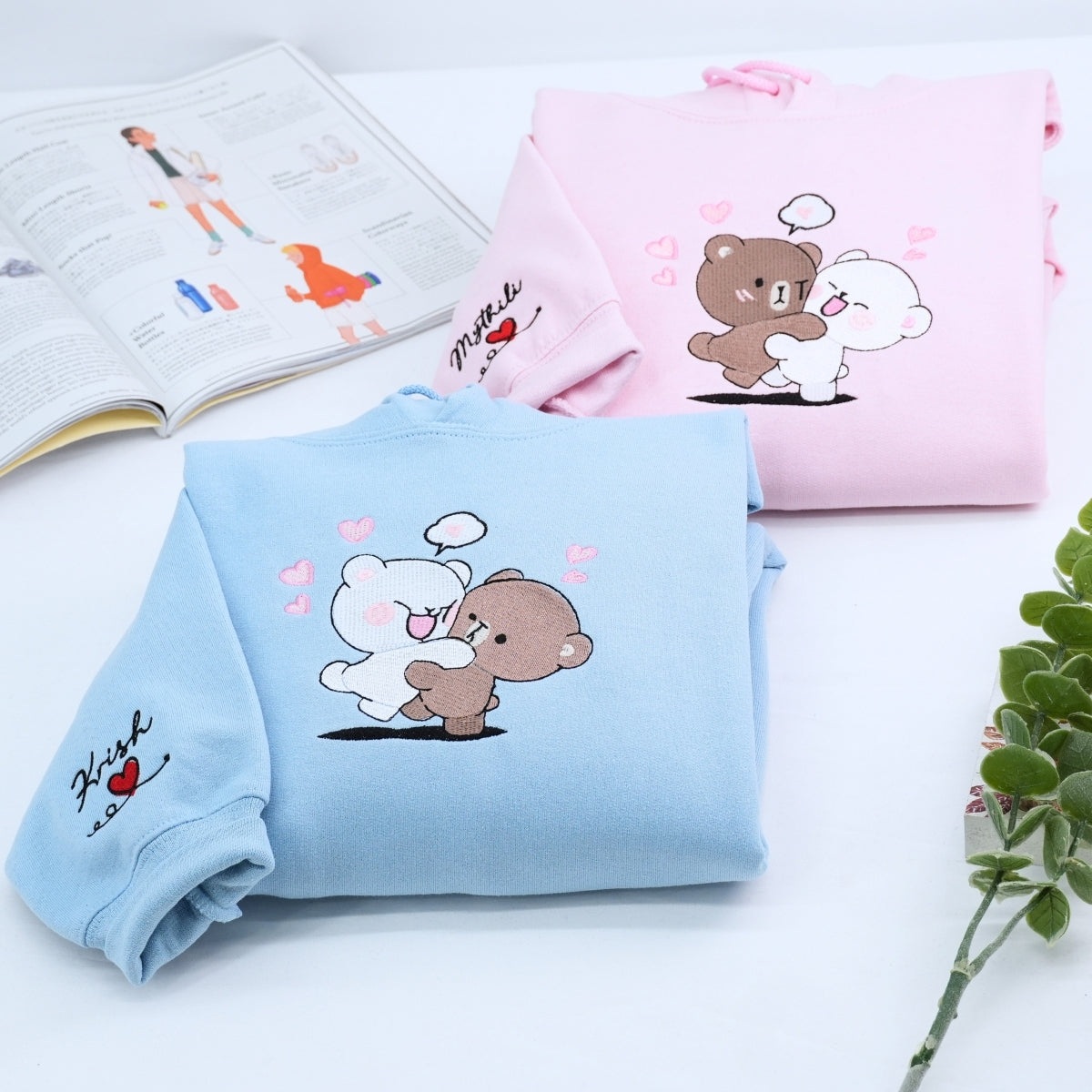 Custom Embroidered Sweatshirts For Couples, Custom Cute Couple Mocha Milk Bears Embroidered Sweatshirt