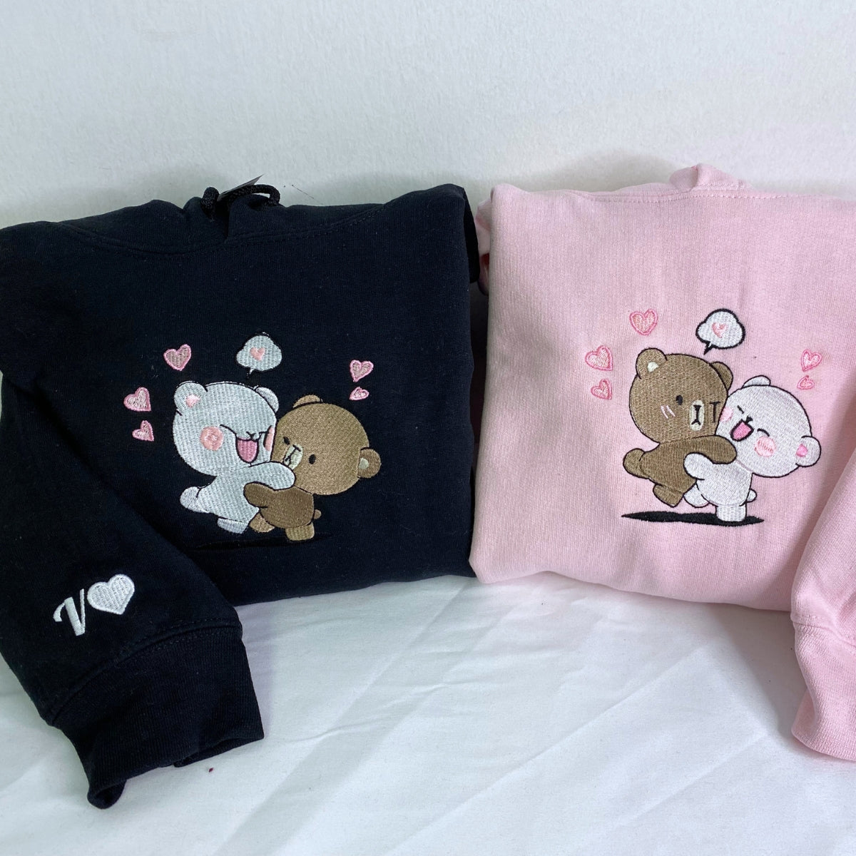 Custom Embroidered Sweatshirts For Couples, Custom Cute Couple Mocha Milk Bears Embroidered Sweatshirt