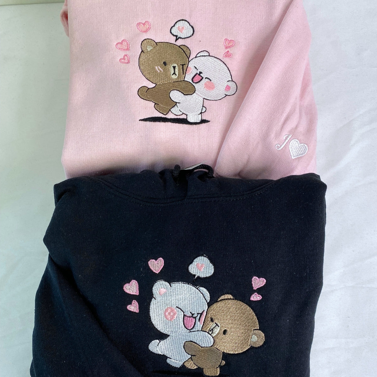 Custom Embroidered Sweatshirts For Couples, Custom Cute Couple Mocha Milk Bears Embroidered Sweatshirt