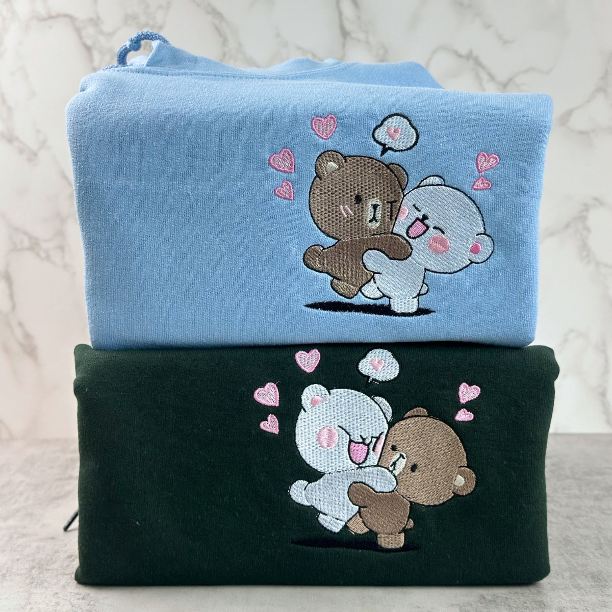 Custom Embroidered Sweatshirts For Couples, Custom Cute Couple Mocha Milk Bears Embroidered Sweatshirt