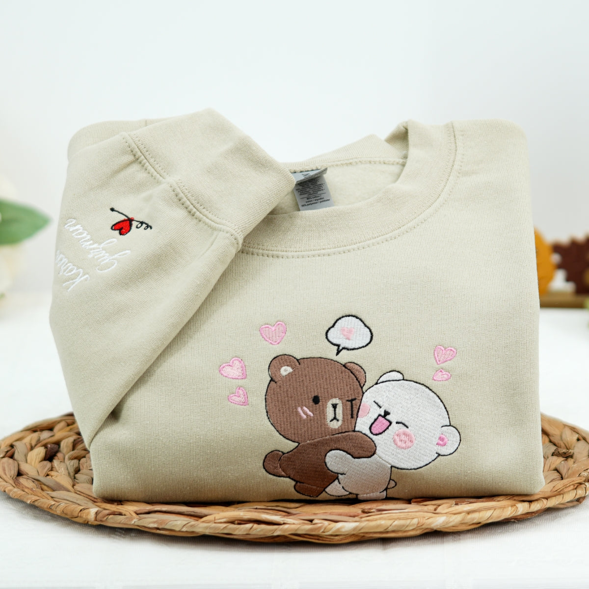 Custom Embroidered Sweatshirts For Couples, Custom Cute Couple Mocha Milk Bears Embroidered Sweatshirt
