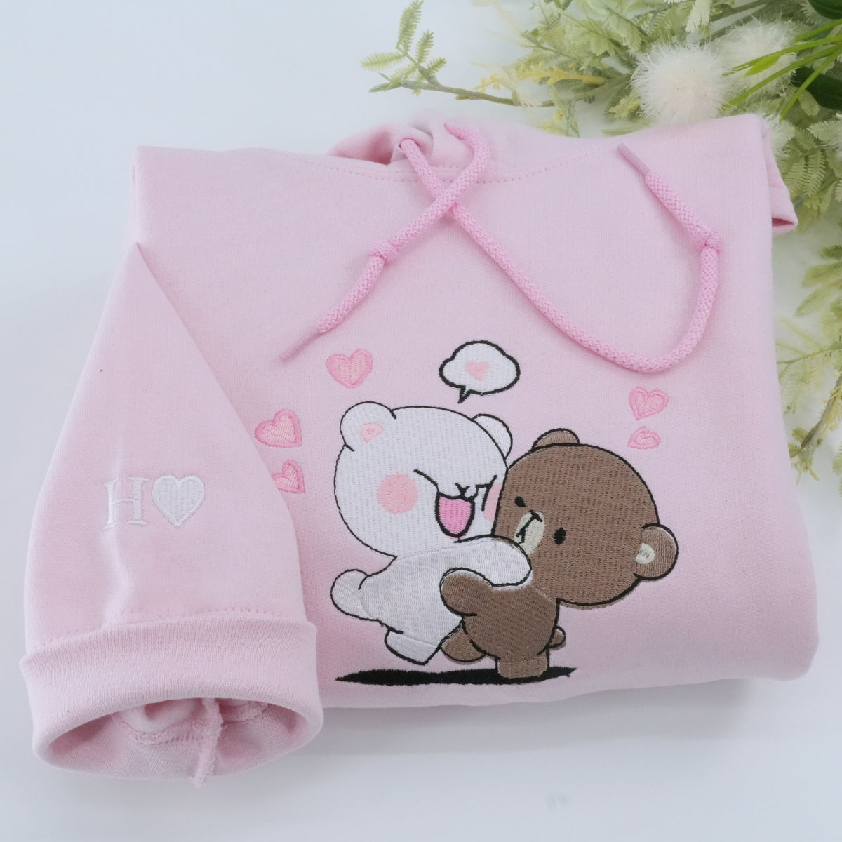 Custom Embroidered Sweatshirts For Couples, Custom Cute Couple Mocha Milk Bears Embroidered Sweatshirt