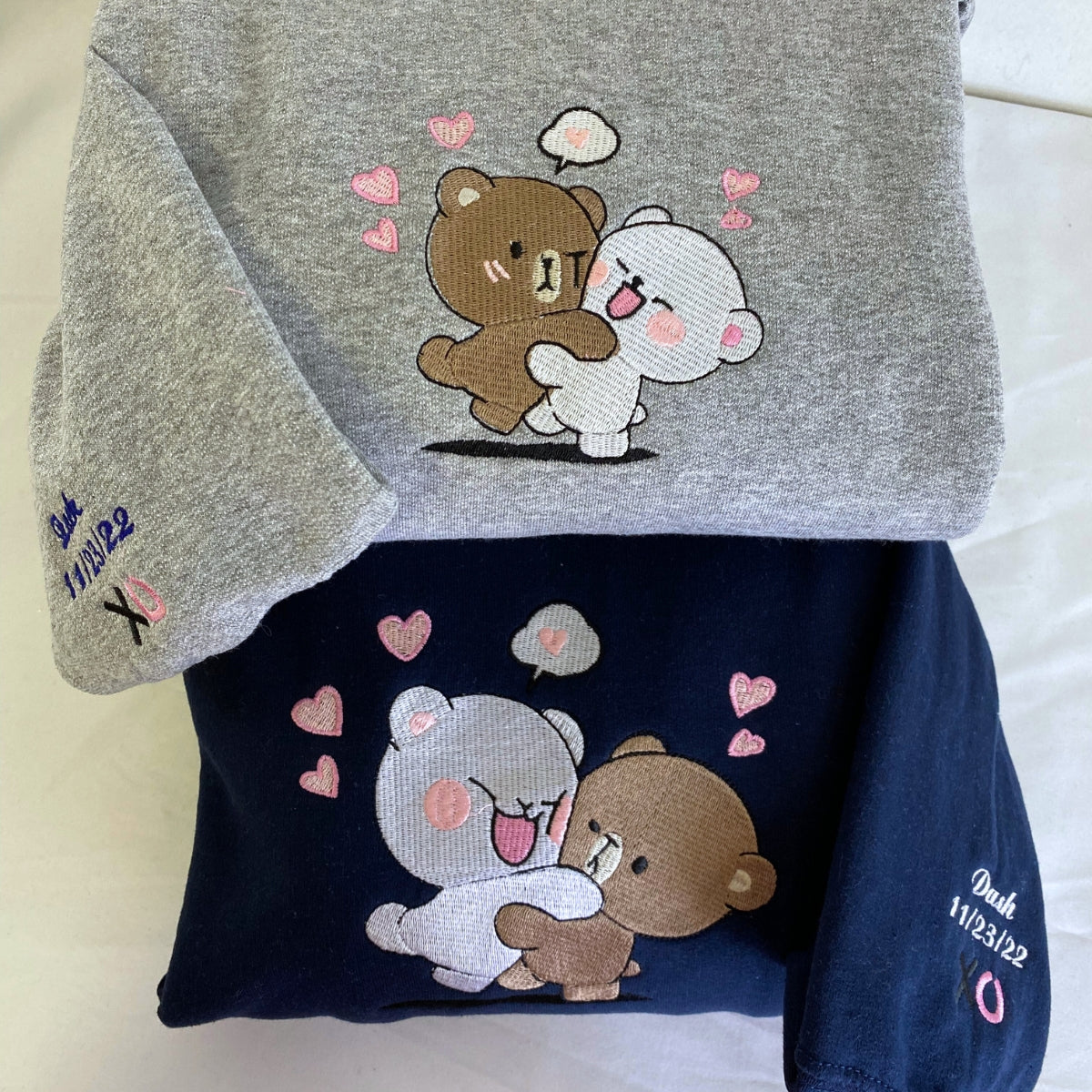 Custom Embroidered Sweatshirts For Couples, Custom Cute Couple Mocha Milk Bears Embroidered Sweatshirt