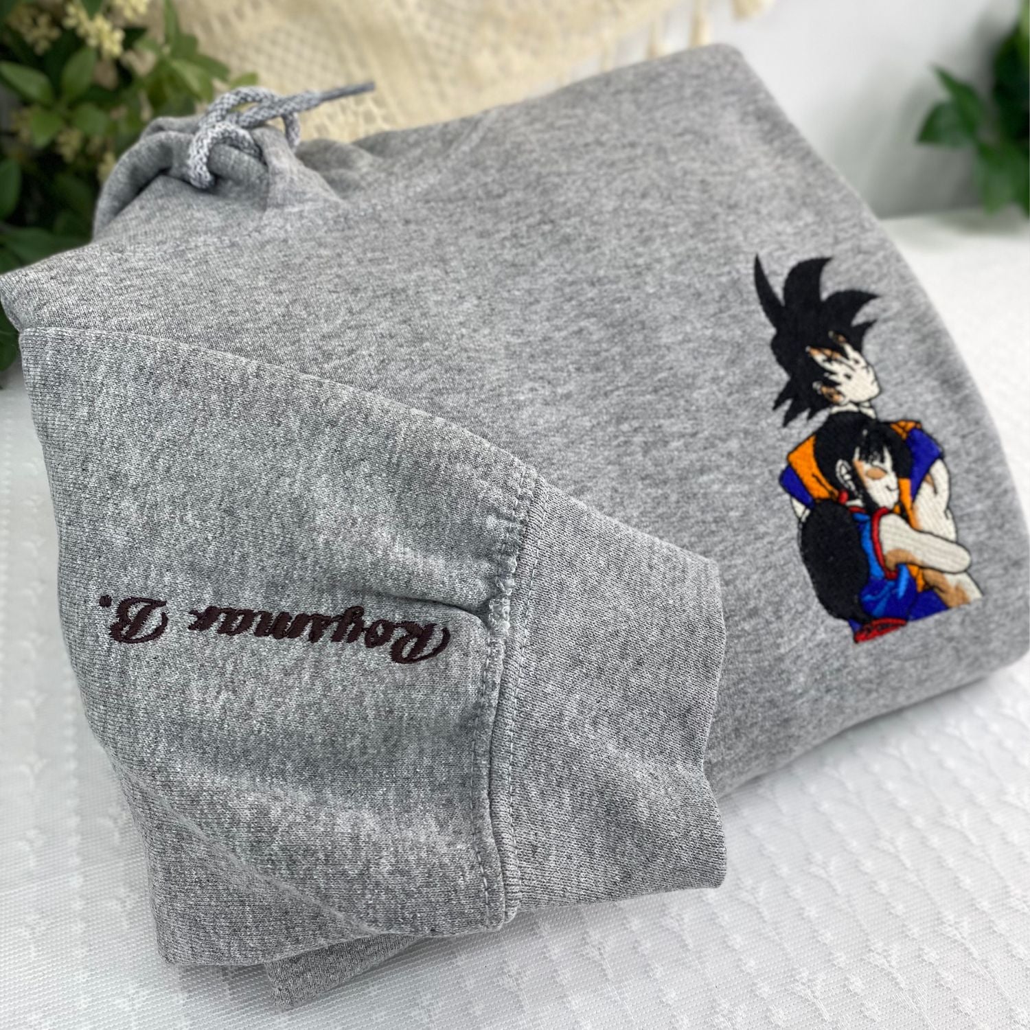 Custom Embroidered Sweatshirts For Couples, Custom Matching Couple Hoodies, Chichi Hug Goku Cartoon Couples Embroidered Matching Sweater