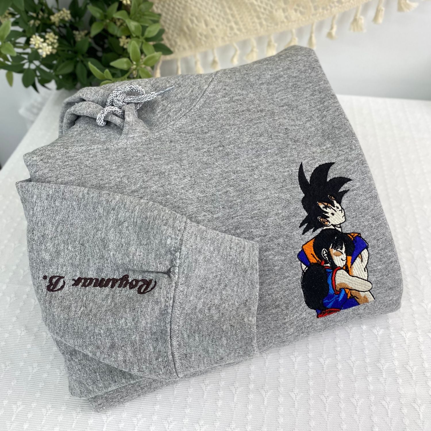 Custom Embroidered Sweatshirts For Couples, Custom Matching Couple Hoodies, Chichi Hug Goku Cartoon Couples Embroidered Matching Sweater