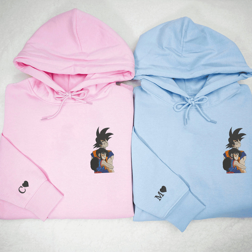 Custom Embroidered Sweatshirts For Couples, Custom Matching Couple Hoodies, Chichi Hug Goku Cartoon Couples Embroidered Matching Sweater