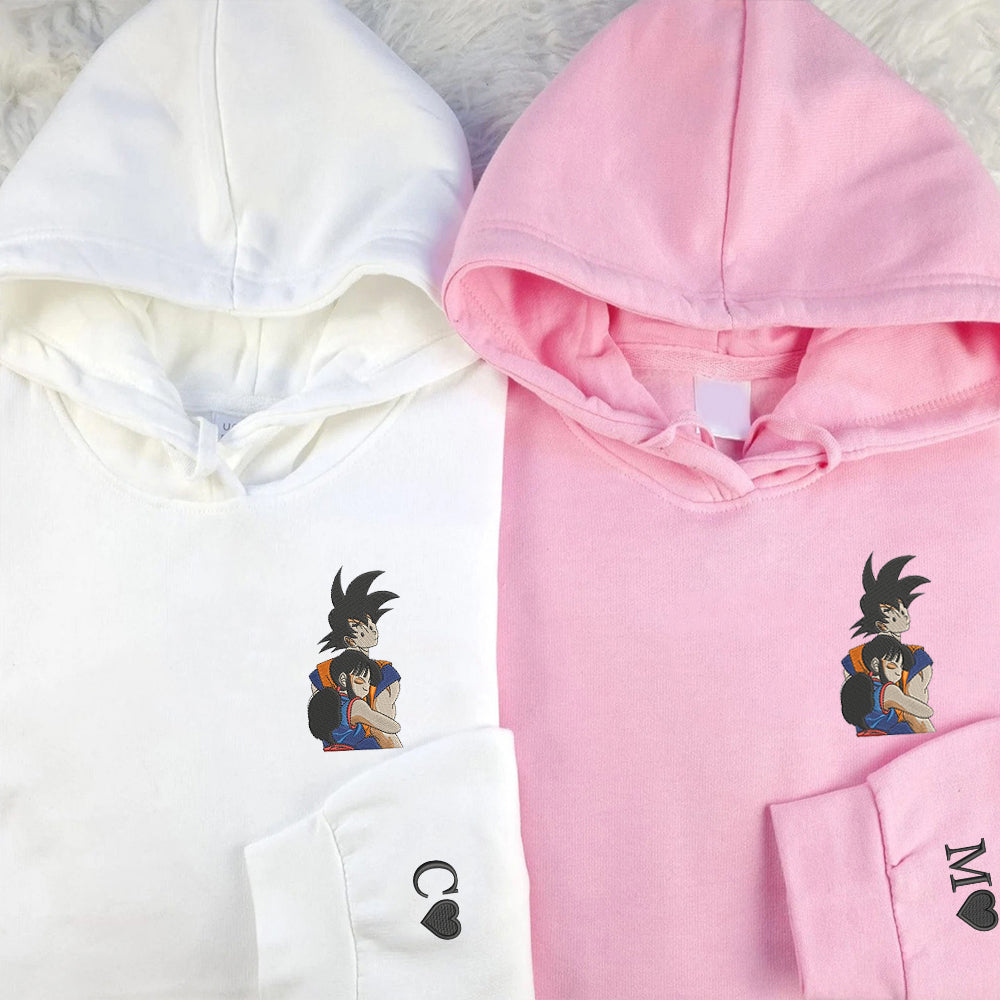 Custom Embroidered Sweatshirts For Couples, Custom Matching Couple Hoodies, Chichi Hug Goku Cartoon Couples Embroidered Matching Sweater