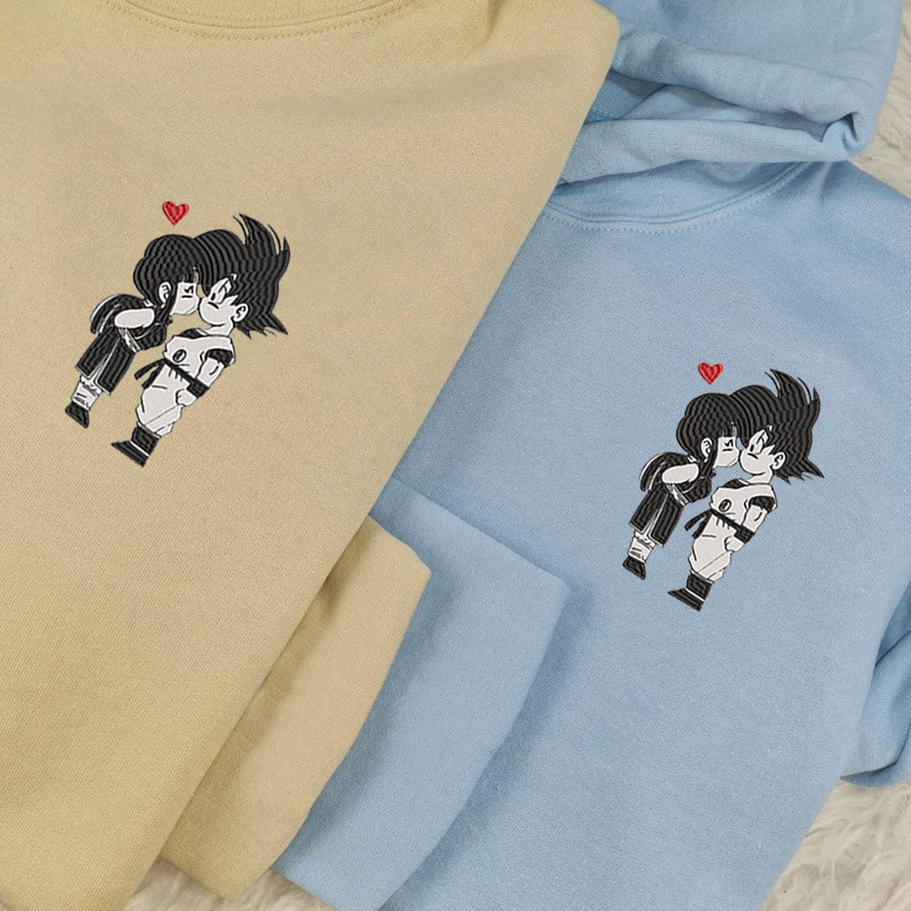 Custom Embroidered Sweatshirts For Couples, Custom Matching Couple Hoodies, Chichi Hug Goku Cartoon Couples Embroidered Matching Sweater