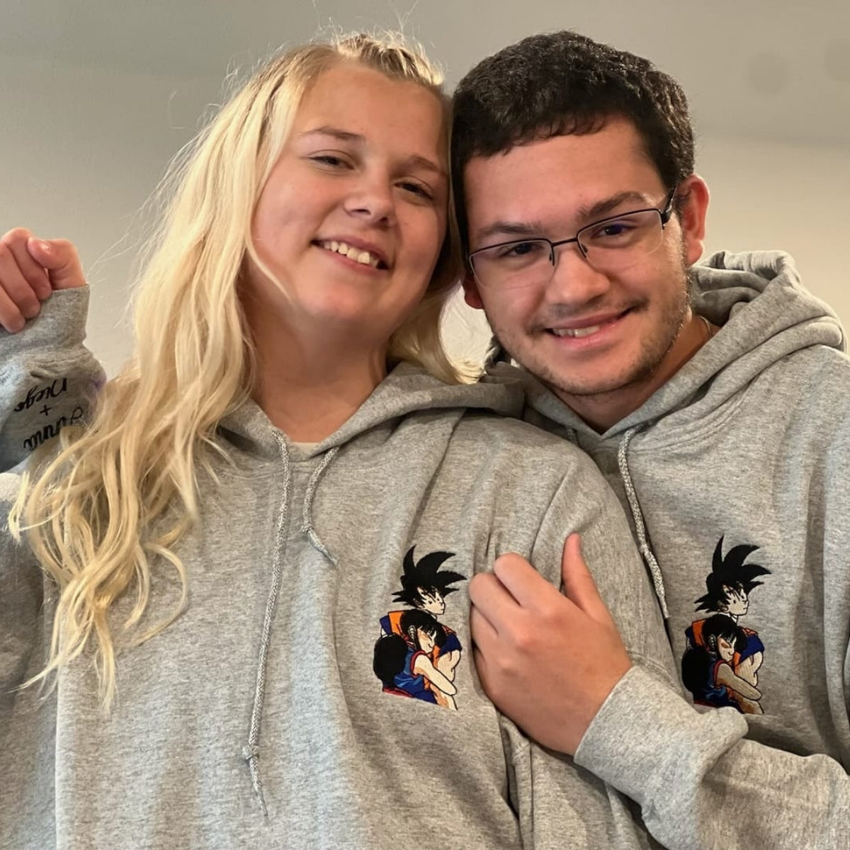 Custom Embroidered Sweatshirts For Couples, Custom Matching Couple Hoodies, Chichi Hug Goku Cartoon Couples Embroidered Matching Sweater