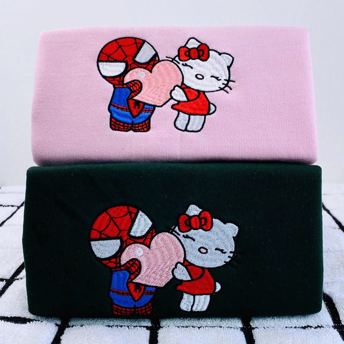 Custom Embroidered Sweatshirts For Couples, Custom Matching Couple Hoodies, Lovely Kitten Kiss Spider Chibi Embroidered Matching Couples Sweatshirt