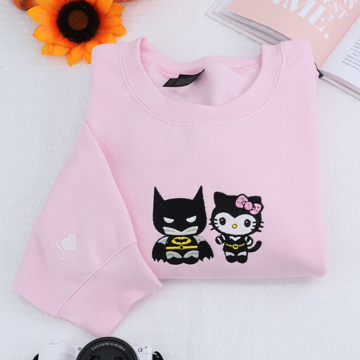 Custom Embroidered Sweatshirts For Couples, Custom Matching Couple Hoodies, Lovely Kitten Kiss Spider Chibi Embroidered Matching Couples Sweatshirt