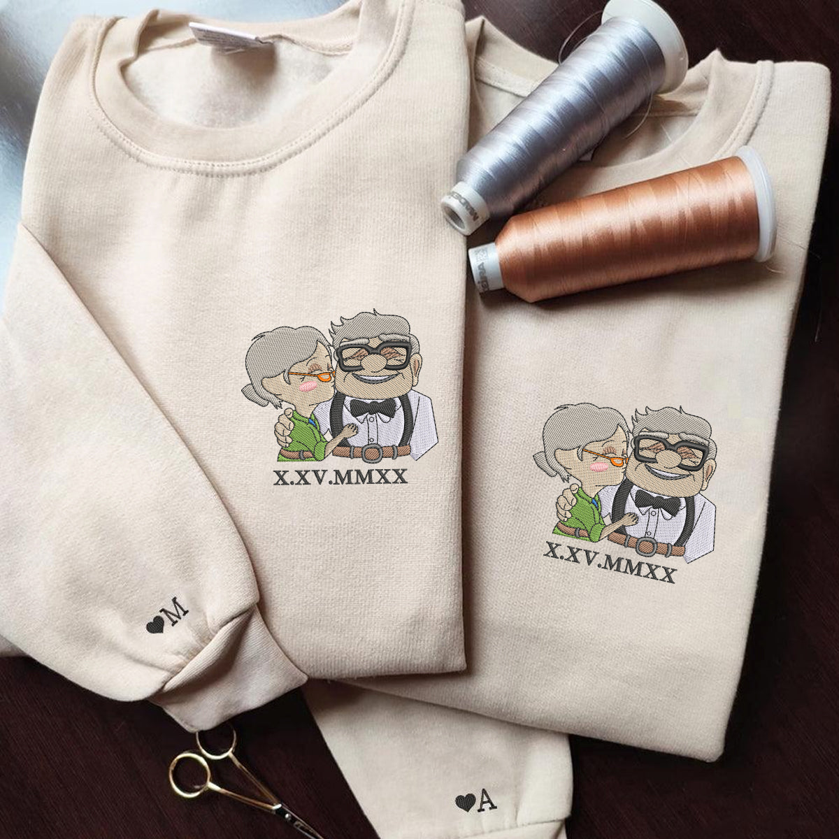 Custom Embroidered Sweatshirts For Couples, Custom Matching Couple Sweatshirt, Cartoon Ellie x Carl Couples Embroidered Crewneck Sweater V2