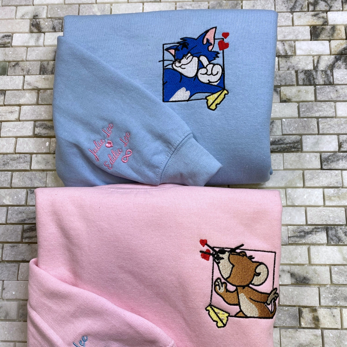 Custom Embroidered Hoodies For Couples, Custom Matching Couple Hoodie, Cartoon Tom Cat Mouse Couples Embroidered Hoodie