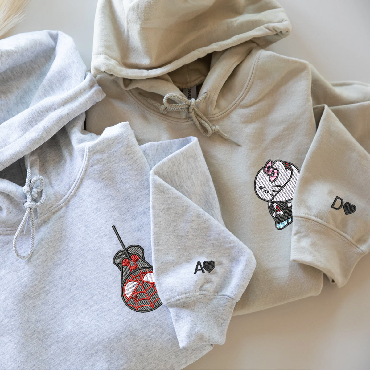 Custom Embroidered Sweatshirts For Couples, Custom Matching Couple Sweatshirt, Spider Kitten Couples Embroidered Crewneck Sweater V1