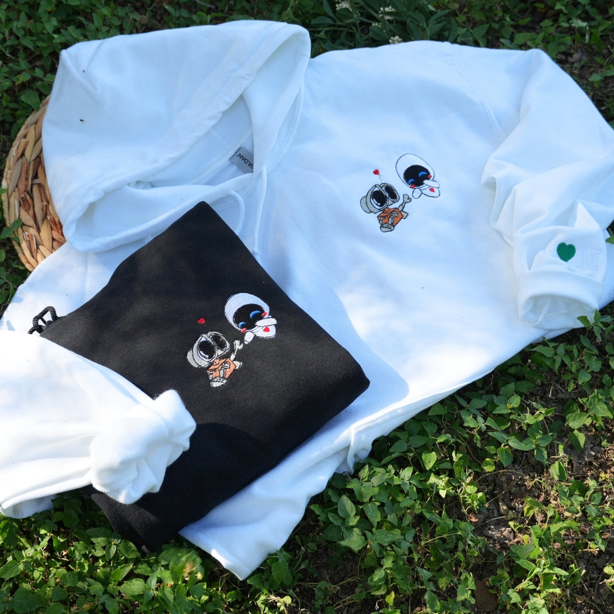Custom Embroidered Sweatshirts For Couples, Custom Walle Eve Cartoon Couple Embroidered Couples Matching Sweatshirt