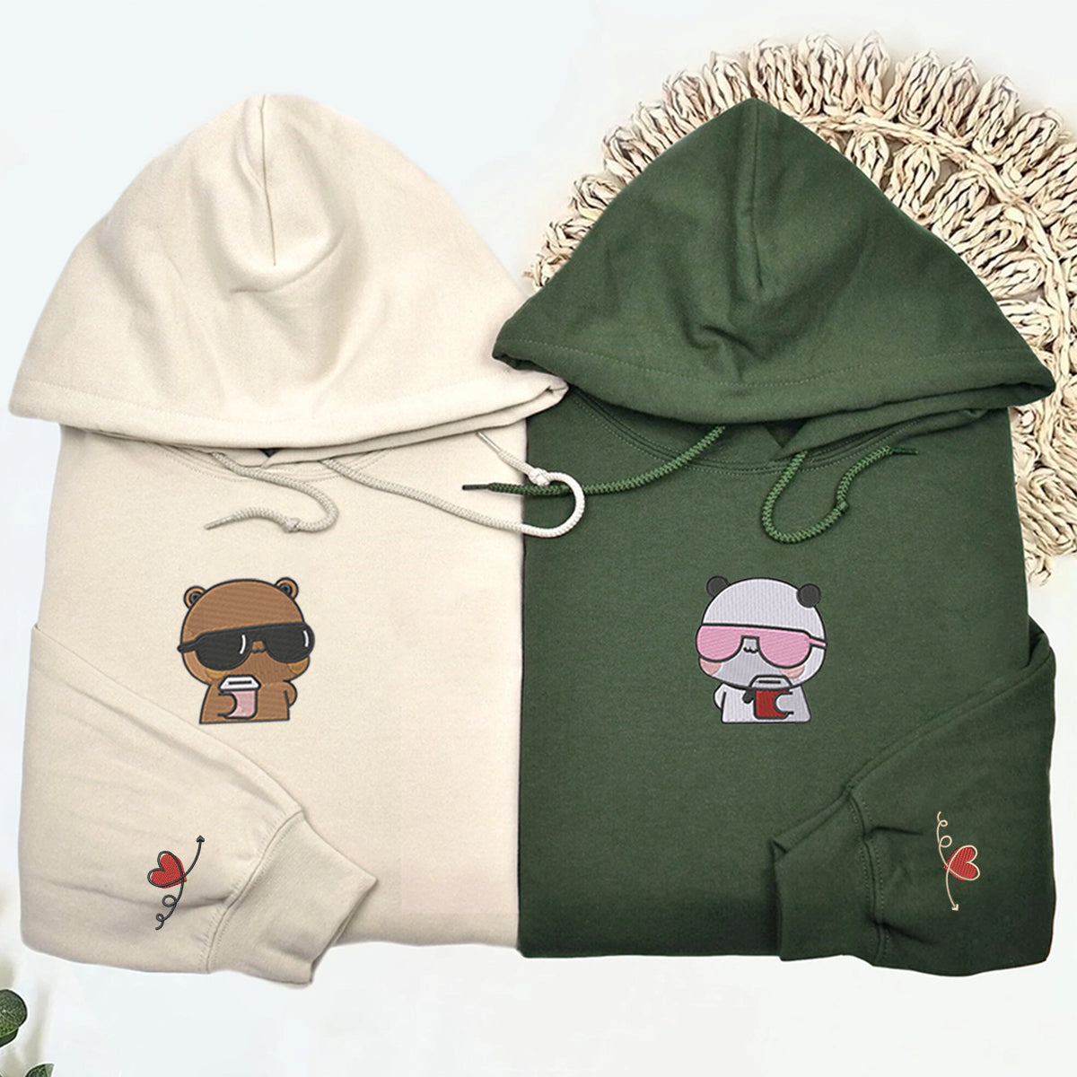 Custom Embroidered Sweatshirts For Couples, Cute Coffee Bear Couple Matching Embroidered Sweater