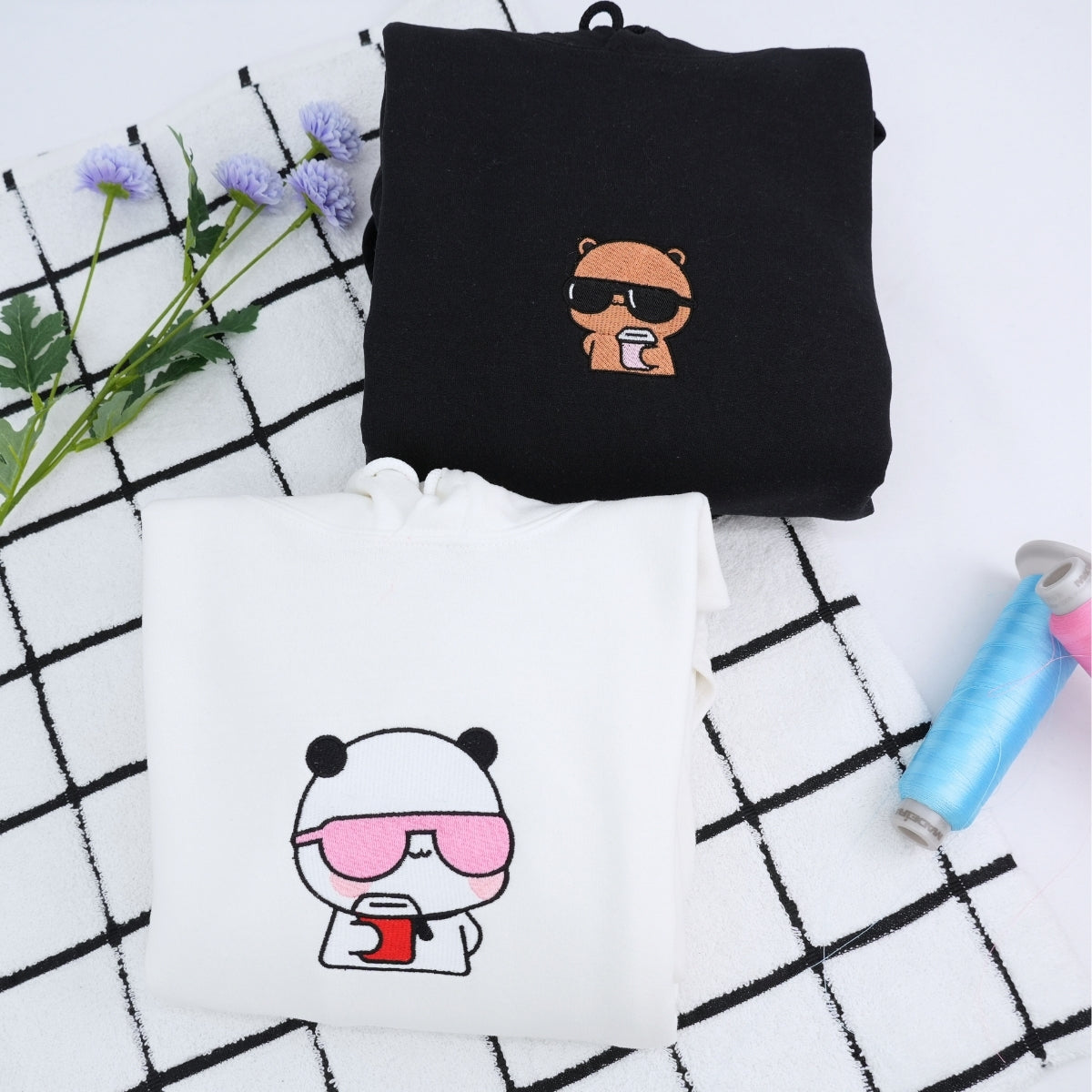 Custom Embroidered Sweatshirts For Couples, Cute Coffee Bear Couple Matching Embroidered Sweater