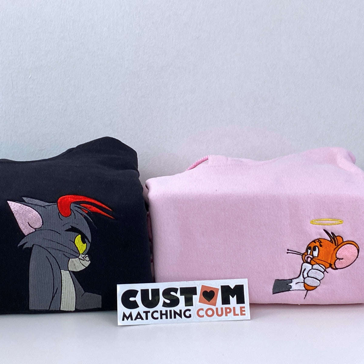 Custom Embroidered Sweatshirts For Couples, Devil Cat x Angel Mouse Matching Embroidered Hoodie