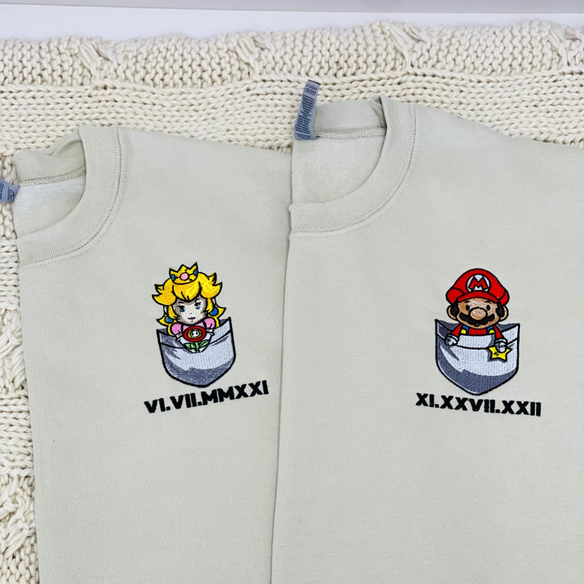 Custom Embroidered Sweatshirts For Couples, Mario x Princess Couples Roman Numeral Date Crewneck Embroidered Sweatshirt