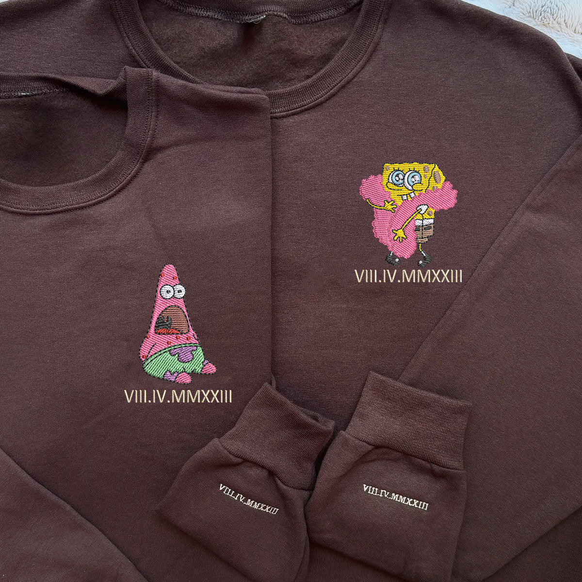 Custom Embroidered Sweatshirts For Couples, Matching Sweatshirts For Couples With Names, Sponge Cartoon Characters Embroidery Sweatshirt