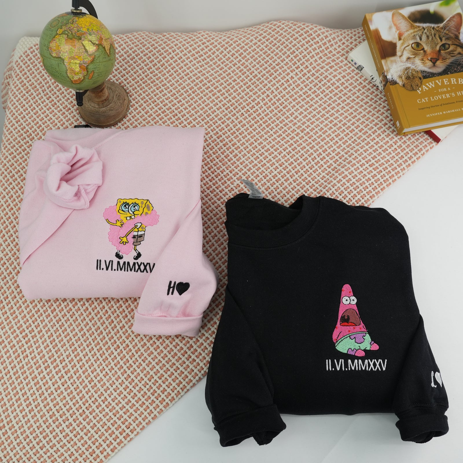 Custom Embroidered Sweatshirts For Couples, Matching Sweatshirts For Couples With Names, Sponge Cartoon Characters Embroidery Sweatshirt