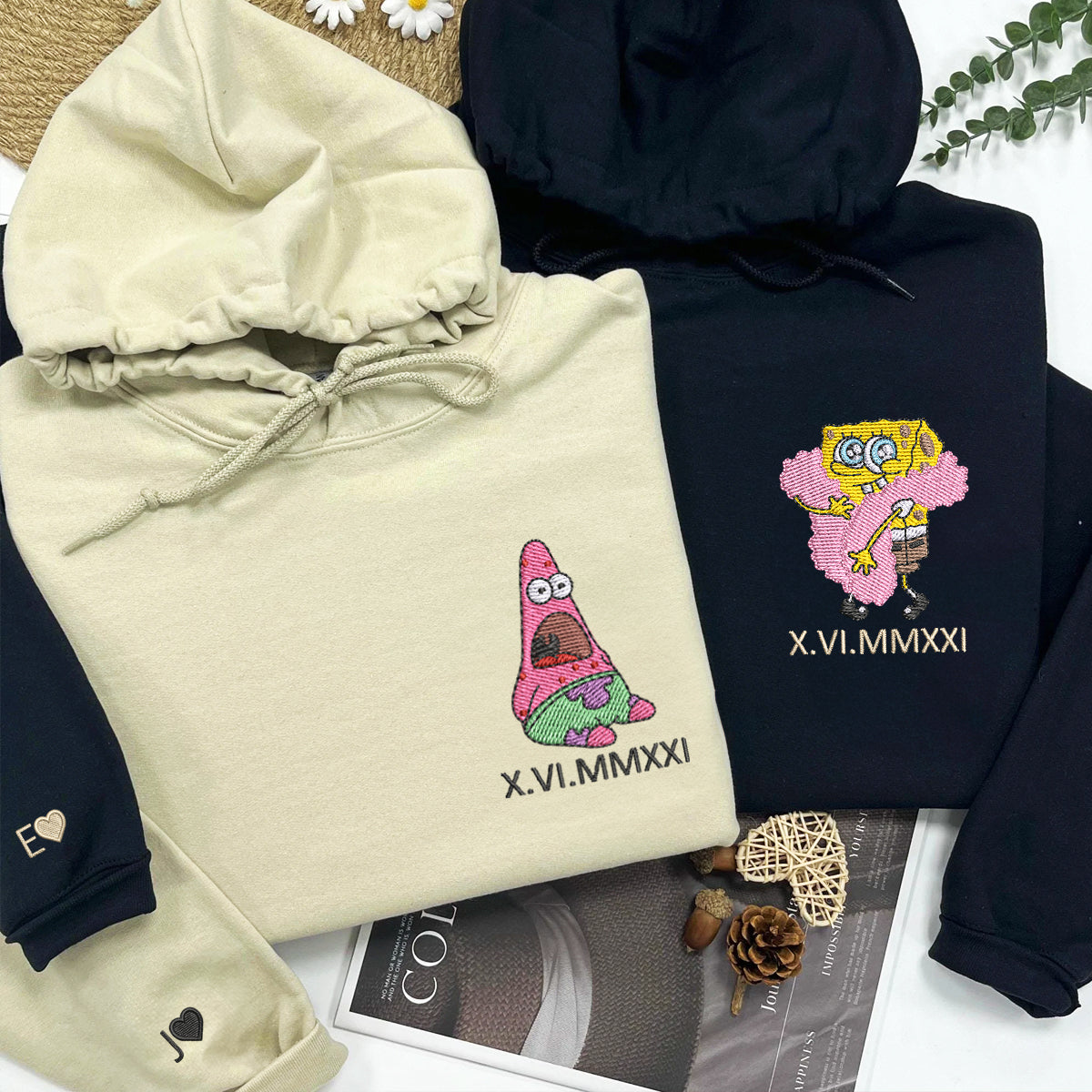 Custom Embroidered Sweatshirts For Couples, Matching Sweatshirts For Couples With Names, Sponge Cartoon Characters Embroidery Sweatshirt