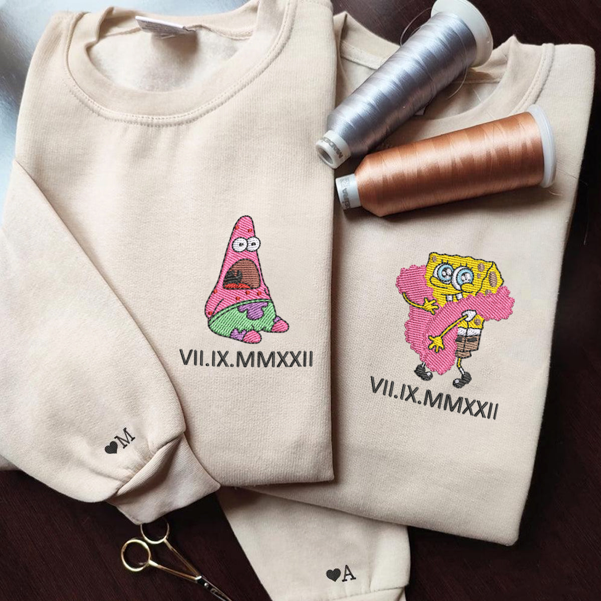 Custom Embroidered Sweatshirts For Couples, Matching Sweatshirts For Couples With Names, Sponge Cartoon Characters Embroidery Sweatshirt