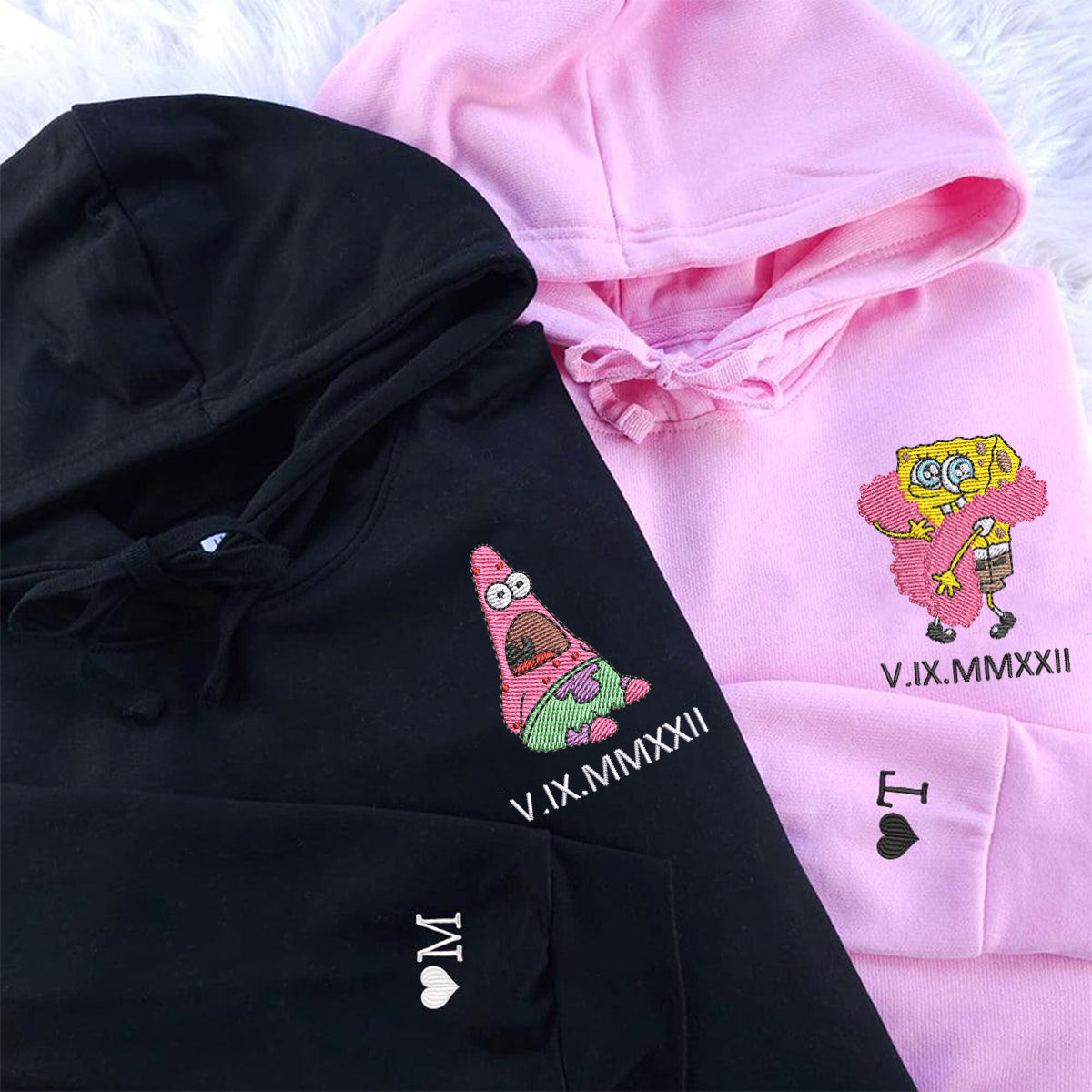 Custom Embroidered Sweatshirts For Couples, Matching Sweatshirts For Couples With Names, Sponge Cartoon Characters Embroidery Sweatshirt