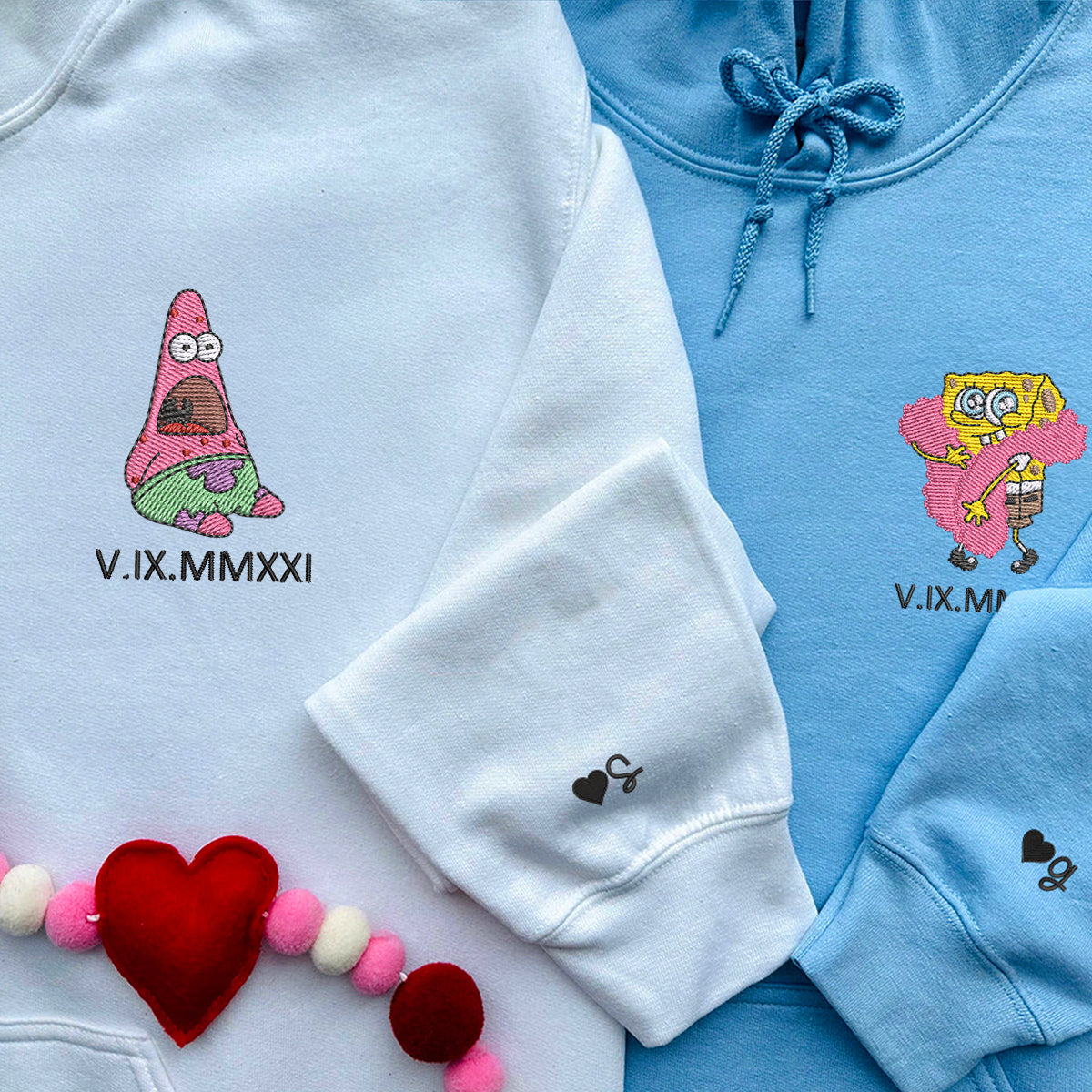 Custom Embroidered Sweatshirts For Couples, Matching Sweatshirts For Couples With Names, Sponge Cartoon Characters Embroidery Sweatshirt
