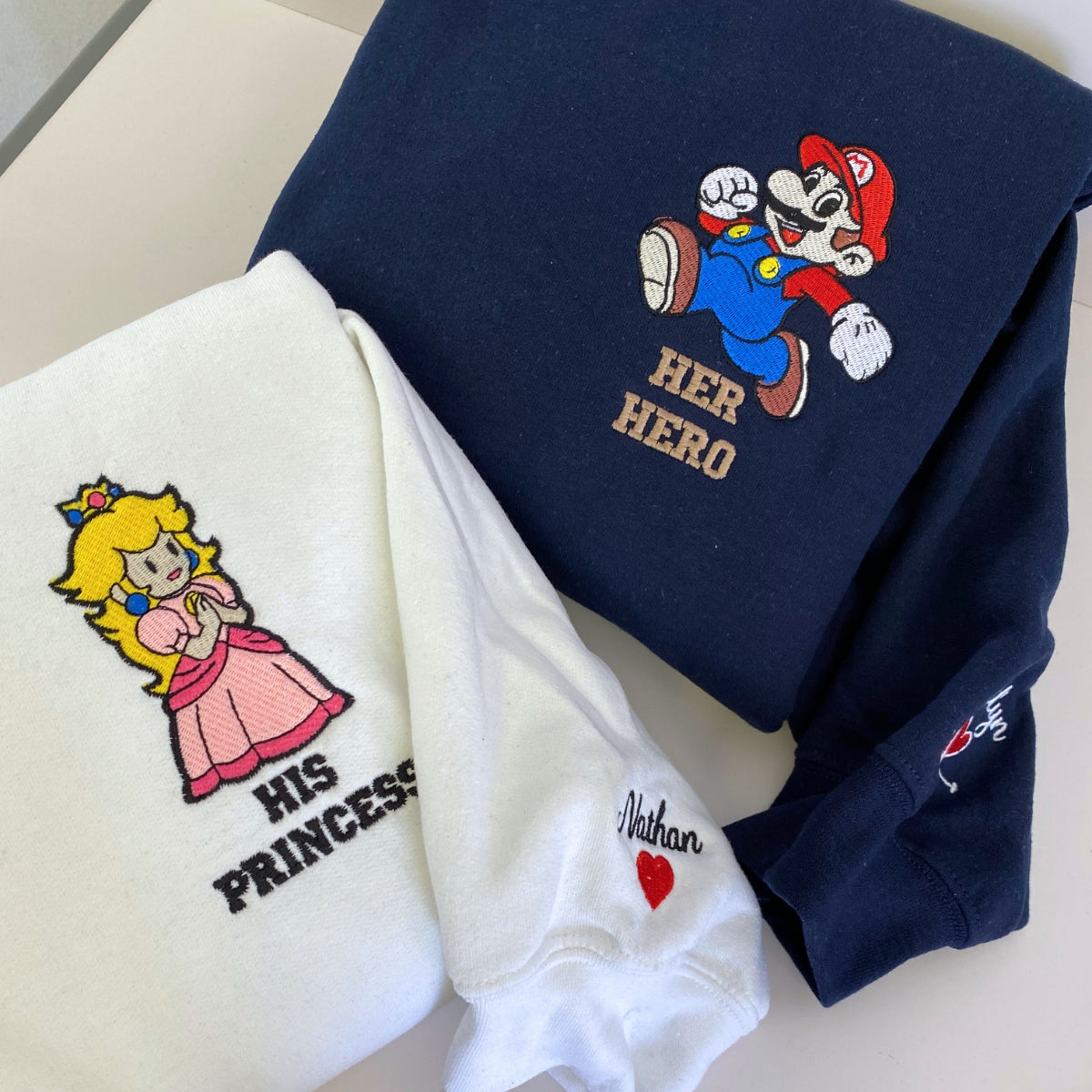 Custom Embroidered Sweatshirts For Couples, Personalized Her Hero & His Princess Matching Embroidered Hoodie