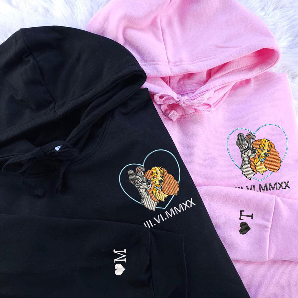 Custom Embroidered Sweatshirts for Couples, Cute Cartoon Dog Duo Crewneck with Anniversary Date, Matching Couple Outfit