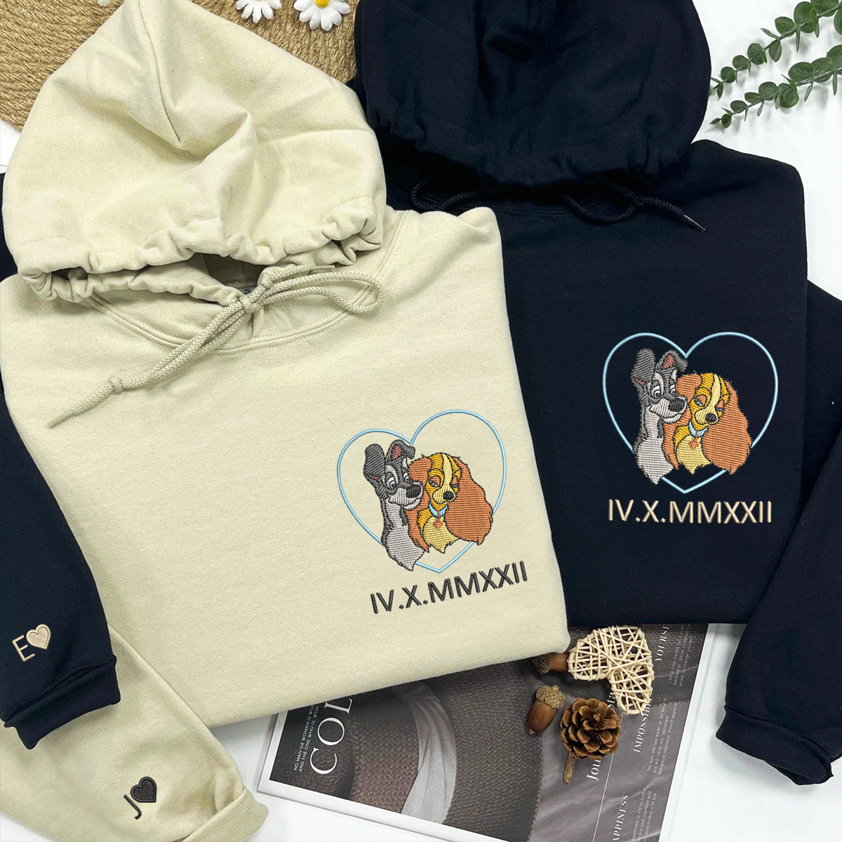 Custom Embroidered Sweatshirts for Couples, Cute Cartoon Dog Duo Crewneck with Anniversary Date, Matching Couple Outfit
