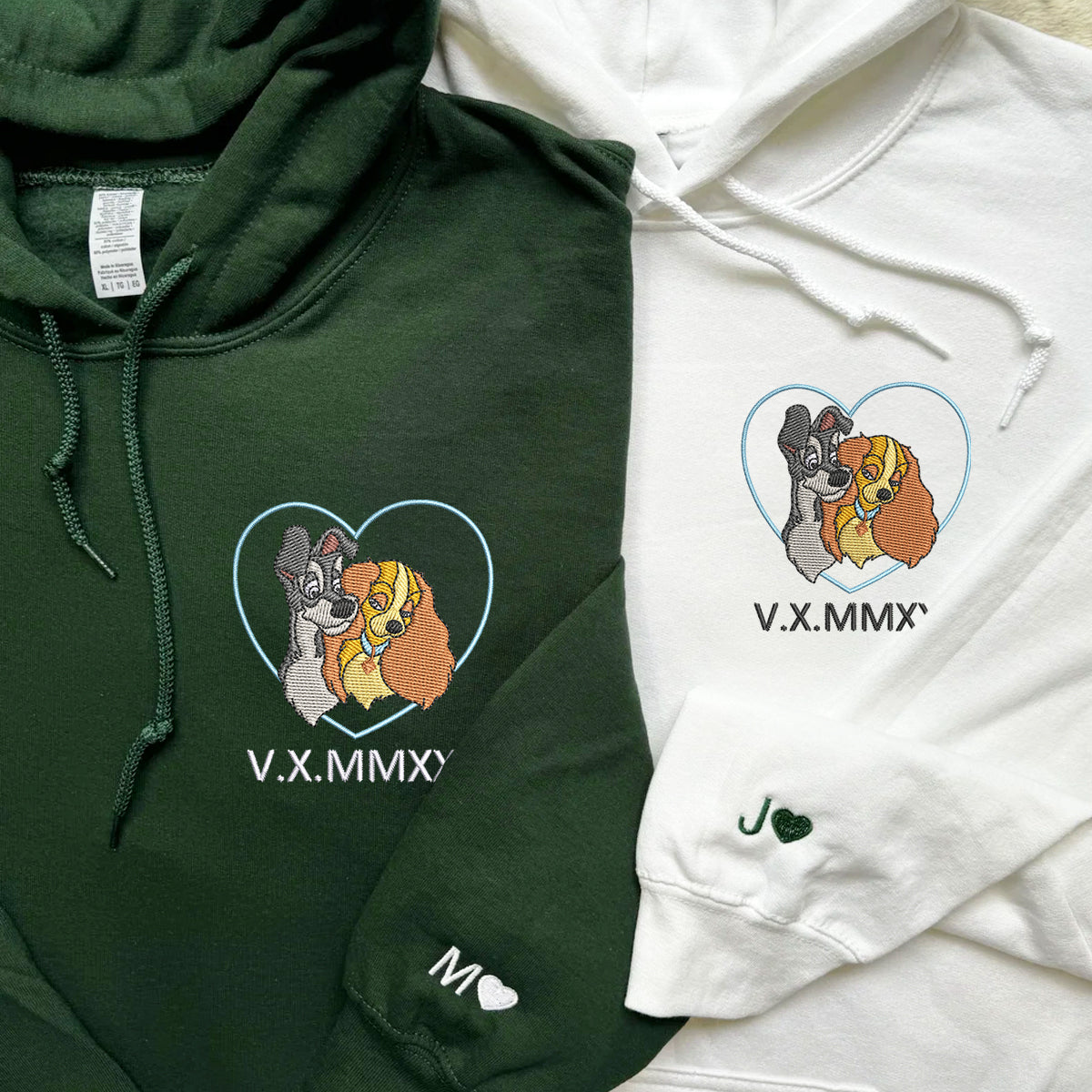 Custom Embroidered Sweatshirts for Couples, Cute Cartoon Dog Duo Crewneck with Anniversary Date, Matching Couple Outfit