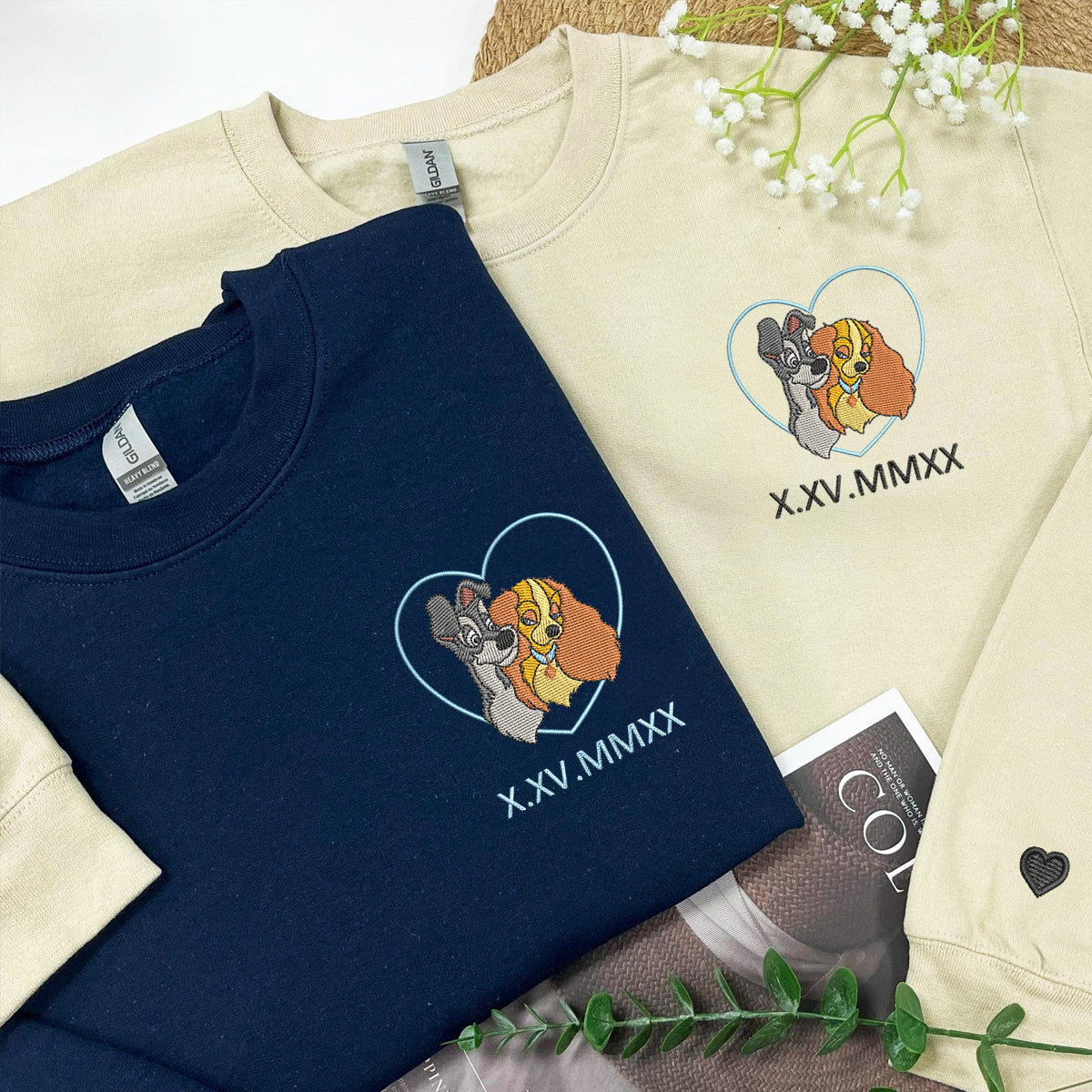 Custom Embroidered Sweatshirts for Couples, Cute Cartoon Dog Duo Crewneck with Anniversary Date, Matching Couple Outfit